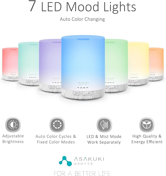 ASAKUKI 300ML Essential Oil Diffuser, Quiet 5-in-1 Premium Humidifier, Home Fragrance Aroma Diffuser with 7 LED Color Changing Light and Auto-Off Switch -White - Image 2