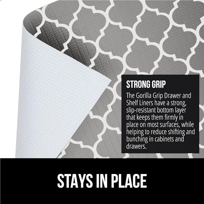 GORILLA GRIP DripGuard Shelf Liner, Non-Adhesive Drawer and Kitchen Cabinet Protector, Strong Grip Slip Resistant Underside, Smooth Surface Liners for Cabinets, Bathroom Closets, 12x120 In, White Gray - Image 3
