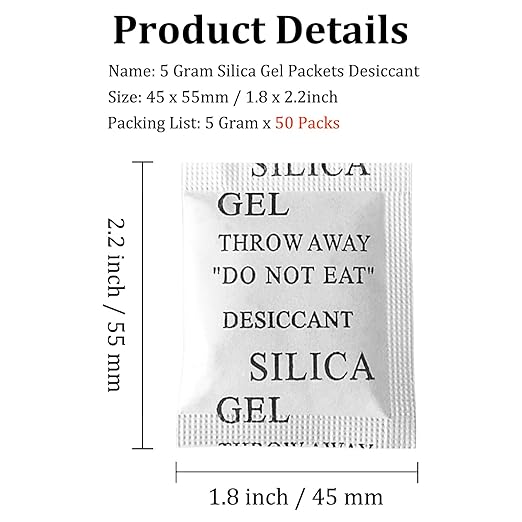 Silica Gel Packets, 50PCS 5 Gram Premium Transparent Desiccant Packs for Storage, Moisture Absorbers for Control Absorbing, Desiccant Dehumidifiers Bags for Electronics, Clothes Shoes, Jewelry, Spices - Image 2