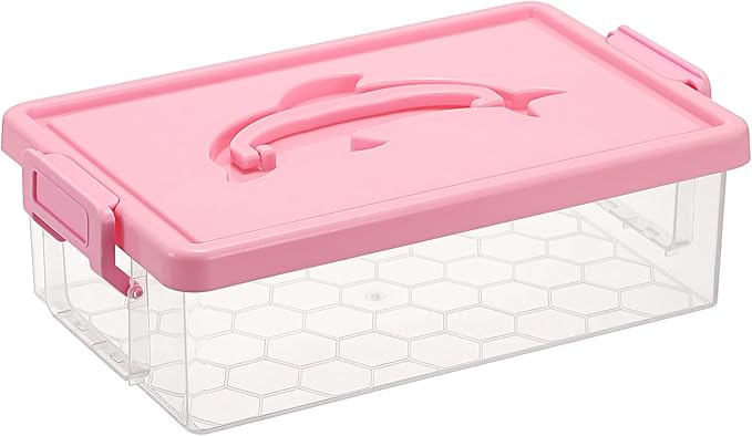 BTSKY 1-Pack Clear Plastic Storage Box with Lid, Stackable Organizer Featuring Easy-Lift Dolphin Design, Multi-Use Portable Container for Home, Craft, Office, Space-Saving with Secure-Clasp, Pink by BTSKY