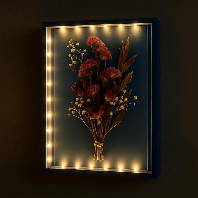 Dried Flowers Shadow Box with LED Light Dimmable Changeable Pictures Display Frame Wall-mounted & Tabletop Photo Album Display (Indigo) by LuxRound