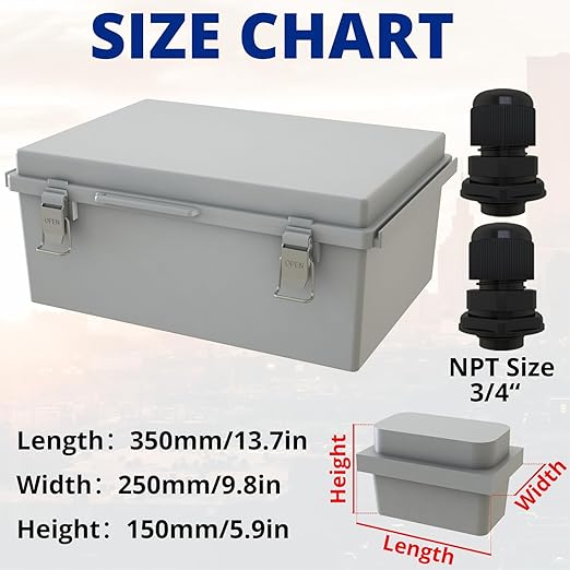 MAKERELE Grey Electrical Junction Box for Outdoor Waterproofing,Outsourced IP67 ABS Plastic, Including Mounting Plate,Wall Bracket,Hinged Cover, and 3/4" NPT*2(13.8"×9.8"×5.9") - Image 2