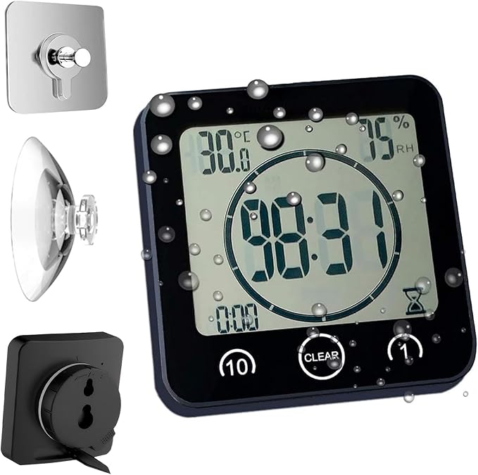 Waterproof Bathroom Wall Clock and Timer, Digital Water Resistant Hanging Timer for Shower, Large Display Kitchen Cooking Countdown Timers, Mirror Suction Clock with Temperature Humidity Meter (Black) by HomemelindaExquisiteClock