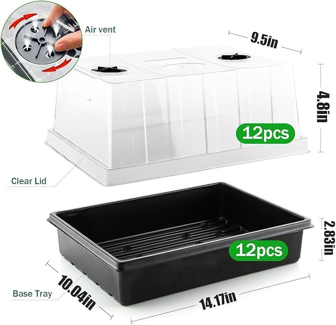 12-Pack Seed Starter Trays with 5'' Tall Humidity Domes – Thick Plastic, Reusable Seedling Tray with Clear Lids for Strong Plant Germination, Ideal Microgreen Growing Trays for Faster Seed Propagation - Image 2