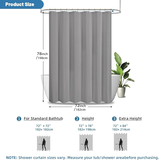 2-in-1 Waterproof Fabric Shower Curtain - No Separate Liner Needed, Hotel-Style Waffle Weave, Effortless Cleaning & Washable Bathroom Shower Curtain Set,72Wx78H,Grey - Image 3