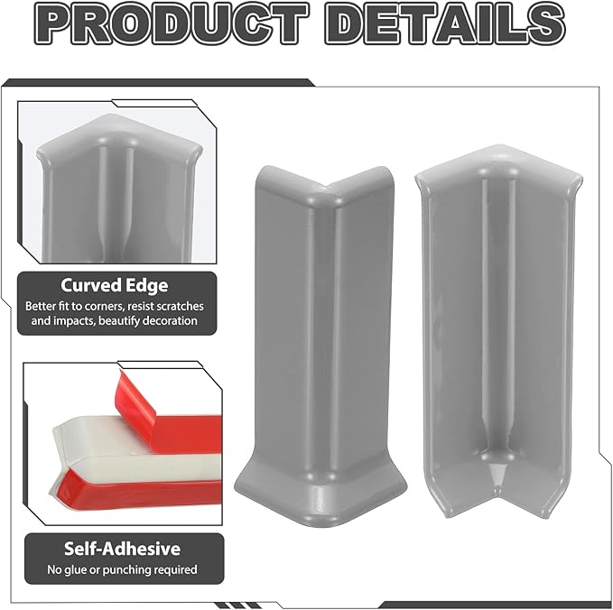 uxcell Self Adhesive Baseboard Corner Blocks, 4.07 Inch Wall Edge Corner Protector 2 Inside + 2 Outside Corners-Connector for Wall Floor Furniture Edge(Gray) - Image 4