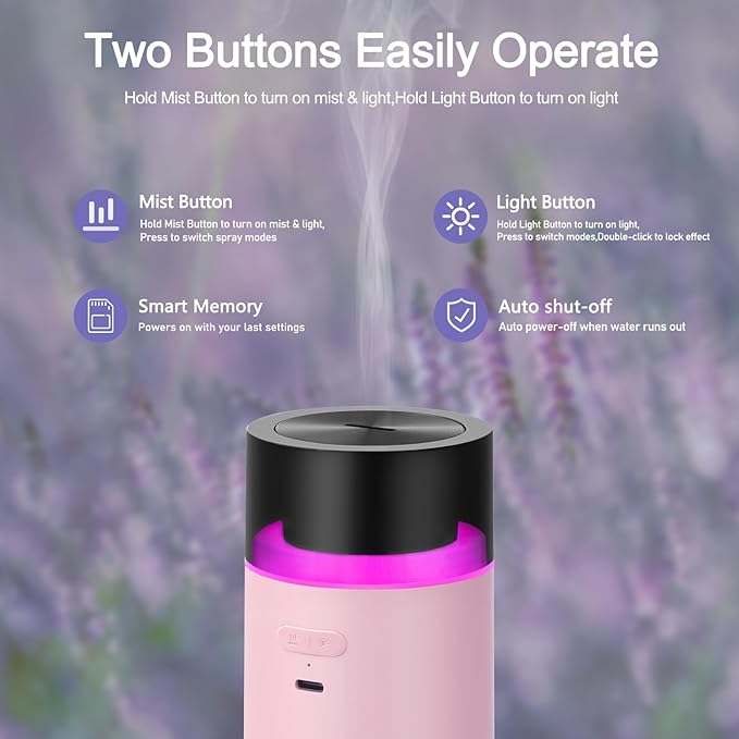 HODEMI Cordless Diffuser for Essential Oil,Portable Cool Mist Aromatherapy Car Diffuser,Built-in 3000mAH Rechargeable Battery,4/8 Timer Modes, Auto On/Off with Car,for Home,Office,Travel (Pink) - Image 5