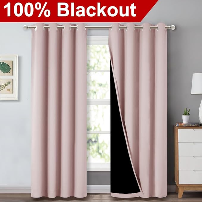 NICETOWN 100% Blackout Window Curtain Panels 84" Long, Blush Pink, 2 Pieces, 52 inches Wide Each Panel, Heat and Cold Blocking Drapes with Black Liner for Nursery, Thermal Insulated Draperies - Image 2