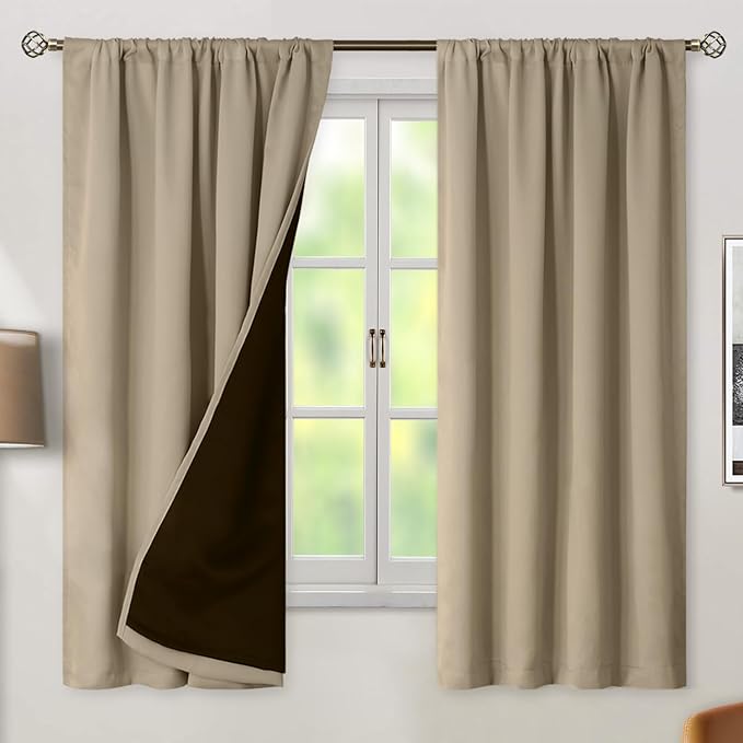 BGment 100% Blackout Curtains for Bedroom 63 Inch Length 2 Panels, Thermal Insulated Room Darkening Curtains Rod Pocket Soundproof Bedroom Living Room Window Curtains, Sand, Each 42 Inch Wide by BGment