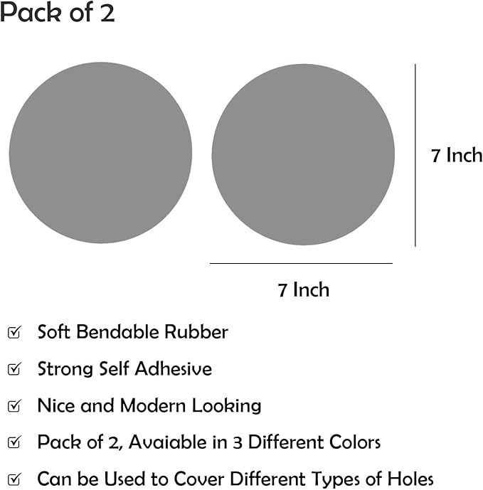 Rubber Bond Self-Adhesive Rubber Wall Outlet Cover Plate 2 Pack - Easy to Apply Peel & Stick Drywall Hole Patch - 7 Inch Round Screwless Blank Wall Plate Cover - Premium Rubber Wall Hole Cover (Grey) - Image 2