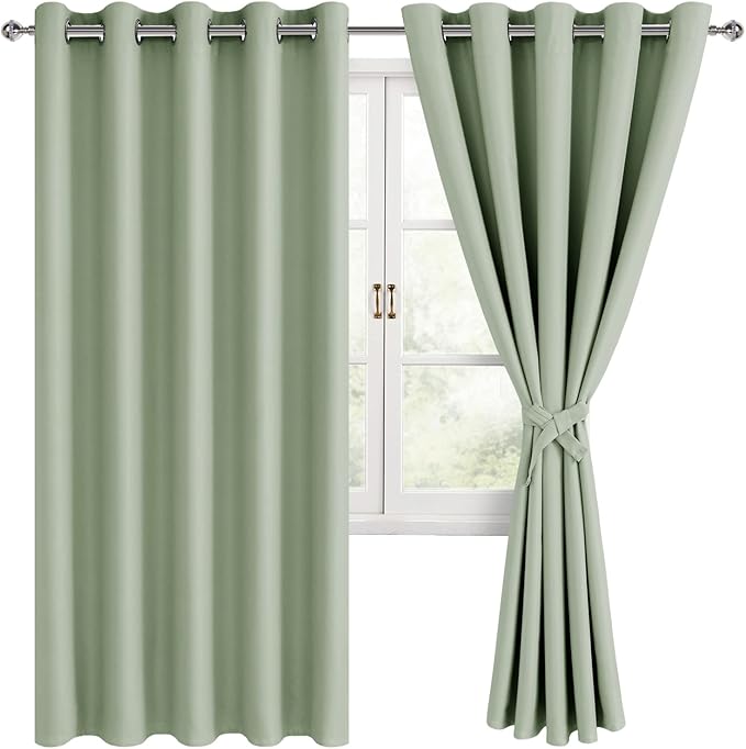 Hiasan Grommet Blackout Curtains for Bedroom, 60 x 72 Inches - Thermal Insulated & Light Blocking Window Drapes for Living Room/Dorm Room, Set of 2 Panels Sewn with Tiebacks, Seafoam Green by Hiasan