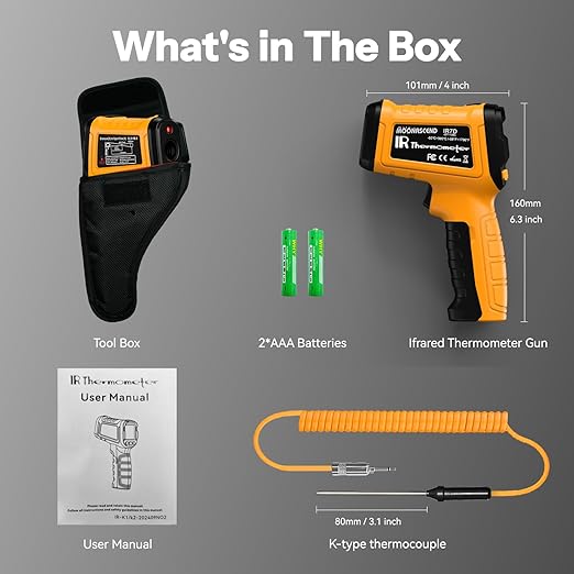 Infrared Thermometer Gun -58°F to 2732°F, IR Temperature Gun with K-Type Probe for Internal Readings, 50:1 High Temp Laser Thermometers Tool for Kilns, Furnaces, HVAC, BBQ Home & Industrial Use - Image 7