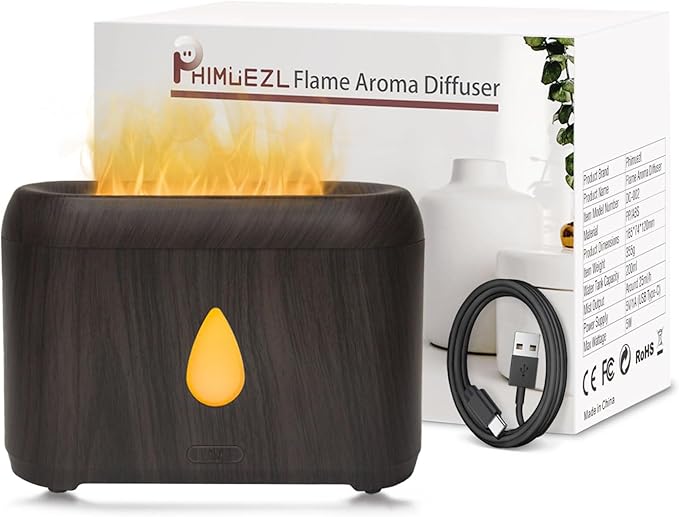 Flame Diffuser for Essential Oils, 200ml Ultrasonic Aroma Diffusers with Cool Mist, Aromatherapy Diffuser with Auto-Off Protection (Dark Wooden Grain, Unscented) by Phimuezl