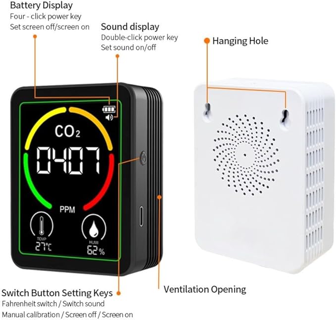 Air Quality Monitor Indoor-Portable Indoor Air Quality Meter, 3-in-1 Indoor Air Quality Monitor with Carbon Dioxide Detector, Temperature and Humidity Sensor, LCD Display(White) - Image 2