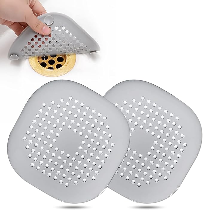 Hair Drain Catcher,Square Drain Cover for Shower Silicone Hair Stopper with Suction Cup,Easy to Install Suit for Bathroom,Bathtub,Kitchen 2 Pack (Sliver Grey) by Bovinde
