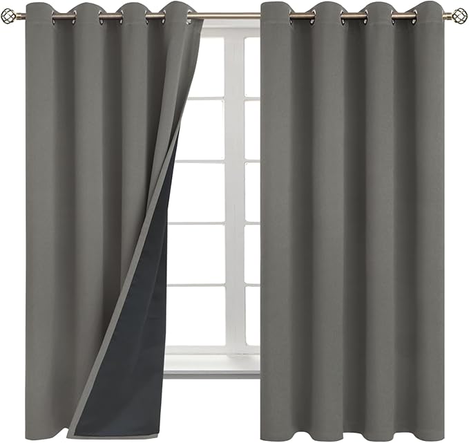 BGment Thermal Insulated 100% Blackout Curtains for Bedroom with Black Liner, Double Layer Full Room Darkening Noise Reducing Grommet Curtain (52 x 63 Inch, Grey, 2 Panels) by BGment