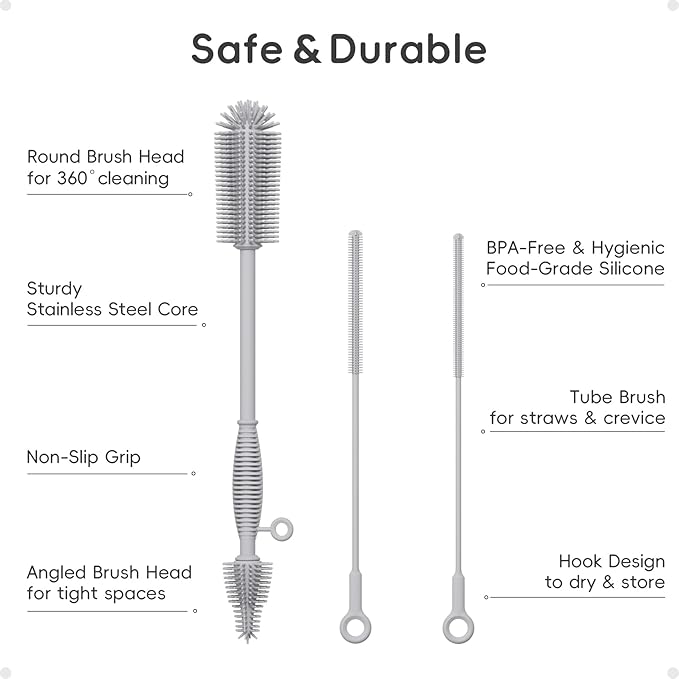 Silicone Cleaning Brush Kit,Water Bottle and Straw Cleaner Brush Set for Tumbler,Baby Bottle,Breast Pump Part,Nipple,Sippy Cup,Glass,Dishwasher Safe,BPA Free,3 Pcs - Image 2