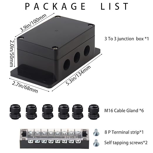 Watertight Junction Box, IP67 Waterproof Electrical Project Box with 8P 15A Barrier Terminals,3 in/3 Out Cable Glands Electronic Enclosure 3.94" x 2.68" x 1.97" - Image 7
