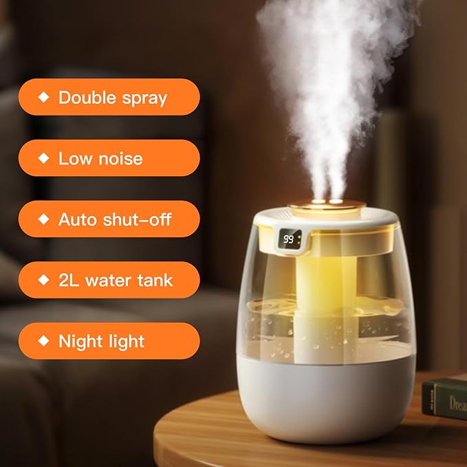 Double Spray Air Humidifier for Bedroom, 2L Quiet Cool Mist Humidifier for Plants Dorm Room Office Home Car Personal Humidificador with Digital Display 3 Mist Modes & Night Light - Image 2