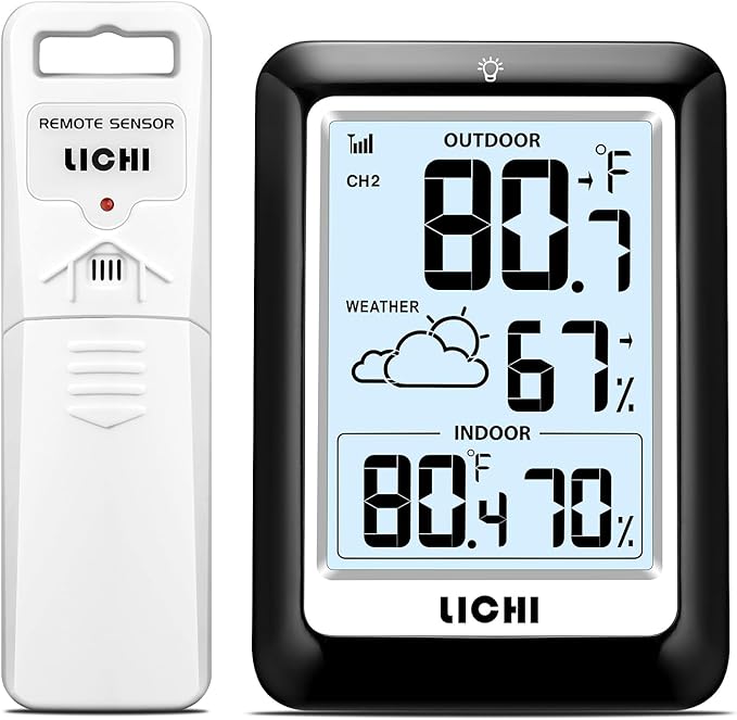 Indoor Outdoor Thermometer Wireless Weather Station, Internal External Thermometer Hygrometer, Home Batteryoperated Temperature Humiditymonitors330 Feet (About 100 Meters) Backlight Display (Black) by Unknown