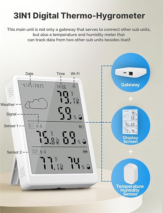 WiFi Hygrometer Thermometer 3 Pack, Digital Smart Temperature Humidity Monitor with 2 Wireless Sensors Indoor Kit, 382Ft Rang RF Remote Control - Image 3