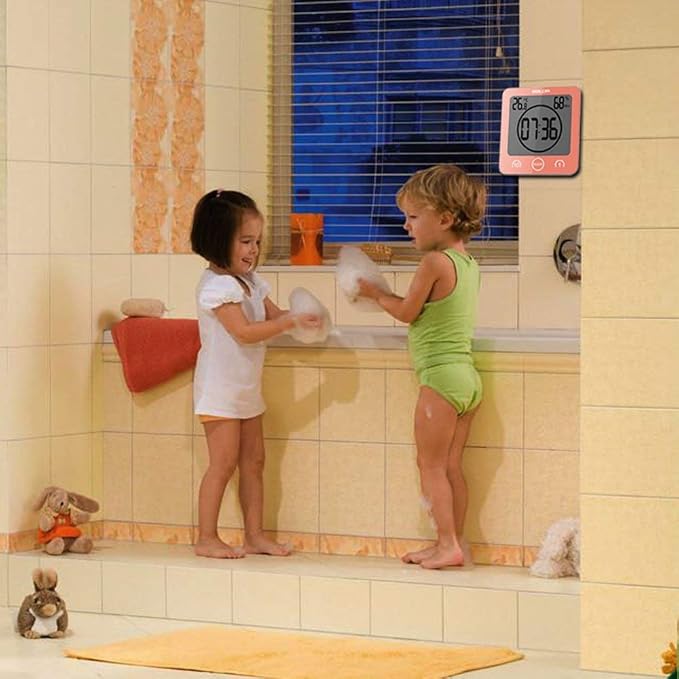 Waterproof Bathroom Wall Clock and Timer, Digital Water Resistant Hanging Timer for Shower, Large Display Kitchen Cooking Countdown Timers, Mirror Suction Clock with Temperature Humidity Meter (Pink) - Image 6