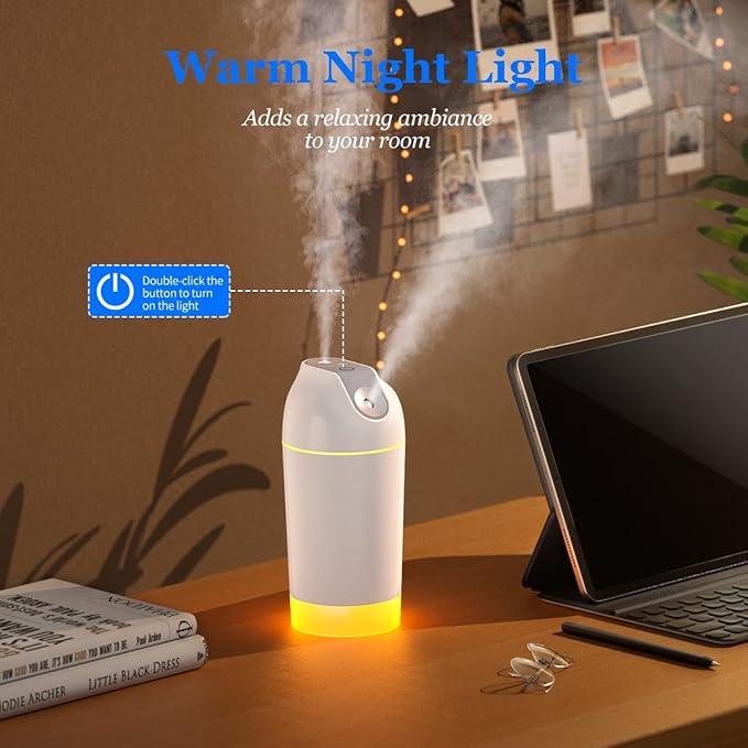 Mini Humidifier-Battery Operated 480ml Cordless Portable Small Humidifier USB Rechargeable Personal Desktop Humidifiers With Night Light & 4 Spray Modes for Car, Baby, Plants (White, 2600mAh) - Image 7