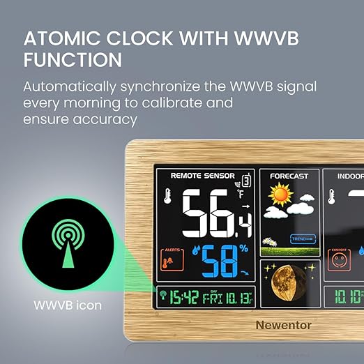 Newentor Weather Station Wireless Indoor Outdoor Thermometer, Color Display Digital Weather Thermometer with Atomic Clock, Barometric Pressure, Forecast Station with Adjustable Backlight, Wood - Image 2