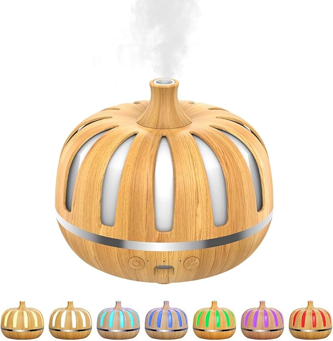 Essential Oil Diffuser 300ml for Home Bedroom, Aromatherapy Oil Diffuser with 3H 6H Timer, 7 Color Light, USB Type-C, Pumpkin Design, Auto Shut-Off(Light Woodgrain, Pumpkin) by Unknown