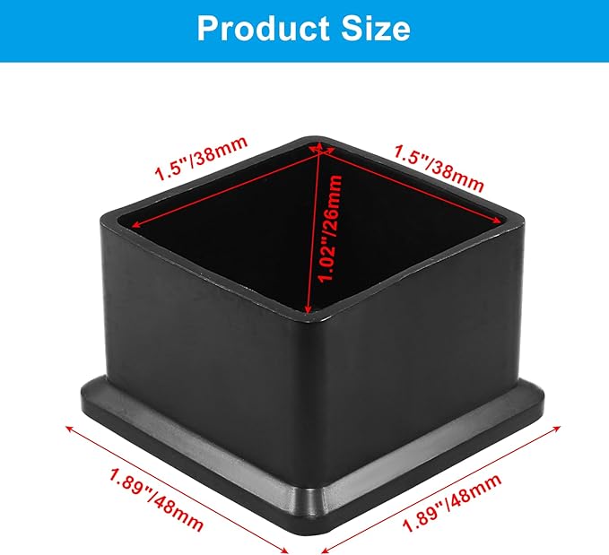 BokWin 4 Pcs Chair Leg Caps 1.5 Inch*1.5 Inch Square Furniture Floor Protectors Anti-Slip Plastic Sofa Table Chair Leg End Cap Cover(Black) - Image 5