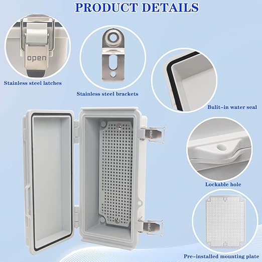 Waterproof Electrical Box, IP67 Junction Box Stainless Steel Latch Hinged Grey Cover Project Enclosure with Wall Bracket 7.9"x3.9"x2.8" - Image 3