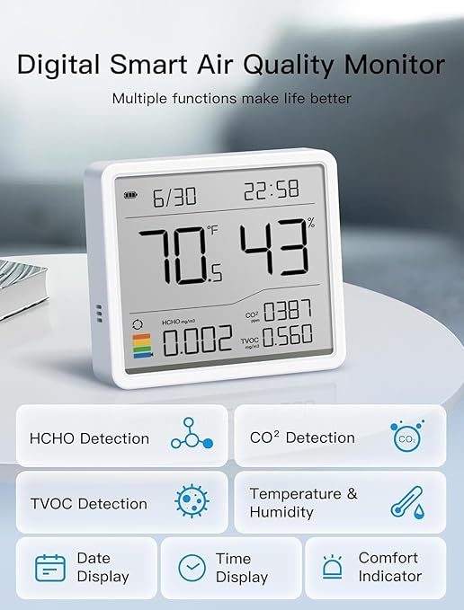 7-in-1 Air Quality Monitor Indoor, Air Analysis Apparatus, 5s Backlight Air Quality Meter for TVOC, HCHO, Temp, Hum, Temperature Humidity Monitor for Home, Office, Hotel - Image 3