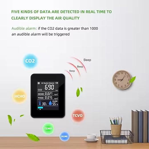 Air Quality Test Kit Monitor,Real Time Smart Colorful Display Clear Intelligent Alarm System Portable Detector for Office Home Bedroom(Black) - Image 5