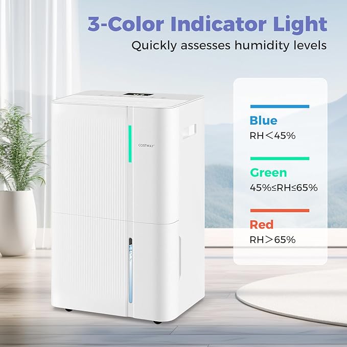 COSTWAY 74 Pints Dehumidifier for Basement, 6000 Sq.Ft Dehumidifier with 24H Timer, 3-Color Indicator, 1.2 Gallon Water Tank, Drain Hose & Wheels for Bathroom, Bedroom - Image 9