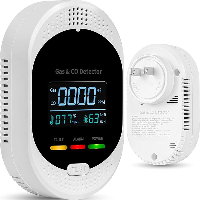 4-in-1 Carbon Monoxide Detectors,Plug in Combustible Gas Detector,Natural Gas & Co Gas Alarm Detectors with Temperature Humidity Display,Clear LCD Screen Sound Light Dual Alarm for Home RV Travel by Securityelite