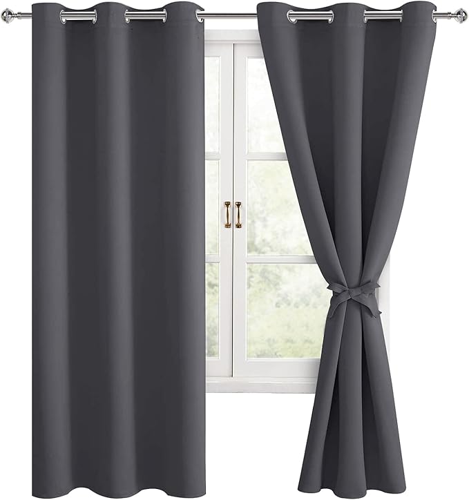 Hiasan Grommet Blackout Curtains for Bedroom, 38 x 63 Inches Length - Thermal Insulated & Light Blocking Window Curtains for Living Room, 2 Drape Panels Sewn with Tiebacks, Dark Grey by Hiasan