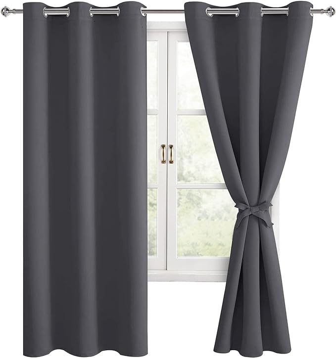 Hiasan Blackout Curtains for Bedroom, Thermal Insulated, Light Blocking, Noise Reducing Window Curtain Panels, Tiebacks Included, Set of 2, Grommet Top (Dark Grey, Width 42 Inch x Length 72 Inch) by Hiasan