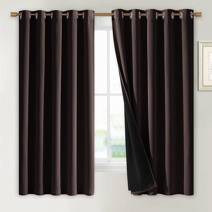 NICETOWN 100% Blackout Lined Curtains, Brown, 1 Pair, 62" Width x 63" Length Each Panel, 2 Thick Layers Completely Blackout Window Treatment Thermal Insulated Drapes for Kitchen/Bedroom by NICETOWN