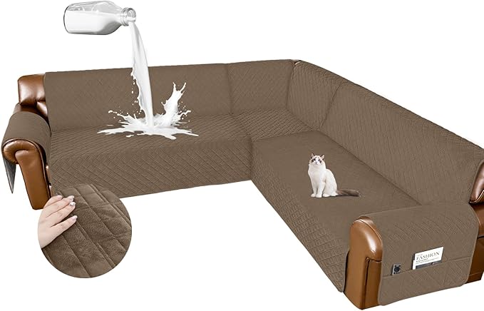 Arfntevss Waterproof Sectional Couch Covers L Shape Washable Velvet Sofa Cover for Sectional Non Slip Large Corner Slipcovers Dog 6 Pcs Universal U Shaped Furniture Protector (Light Brown, XX-Large) by Arfntevss