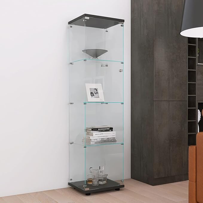 Yoluckea 4 Shelves Glass Display Cabinet with Door, Curio Collection Display Case for Home Office, Floor Standing Bookshelf Corner Cabinet Upgrade Assembly (Black) by Yoluckea