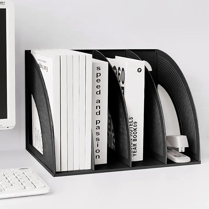 SAYEEC Sturdy Magazine Holder 4 Compartments Plastic Desktop File Organizer File Dividers Office Organizer Storage Document Magaizne Rack Display Box (Black) - Image 6