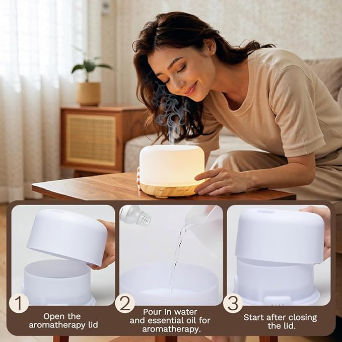 500ml Premium Essential Oil Diffuser,Quiet 4-in-1 Ultrasonic Aromatherapy Humidifier,7 Color LED Lights,with Adjustable Automatic Timer Off Function and Spray Mode. (Yellow Woodgrain,Mini Model) - Image 8