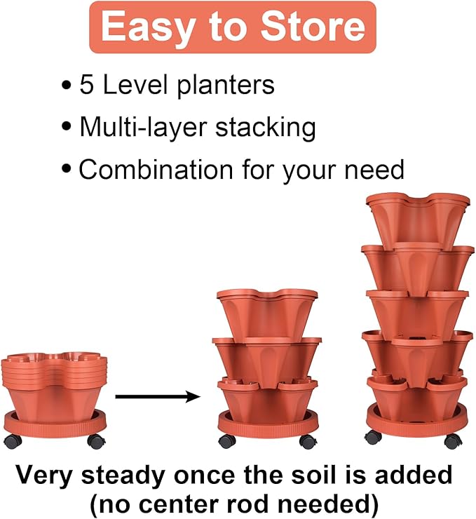 DUNCHATY Stackable Planters 5 Tier Vertical Garden Planting Tower Planters Strawberry, Herb, Flower, and Vegetable Planter Indoor Outdoor Gardening Pots with Removable Wheels and Tools - Image 6