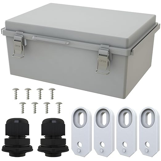 MAKERELE Grey Electrical Junction Box for Outdoor Waterproofing,Outsourced IP67 ABS Plastic, Including Mounting Plate,Wall Bracket,Hinged Cover, and 3/4" NPT*2(13.8"×9.8"×5.9") by MAKERELE