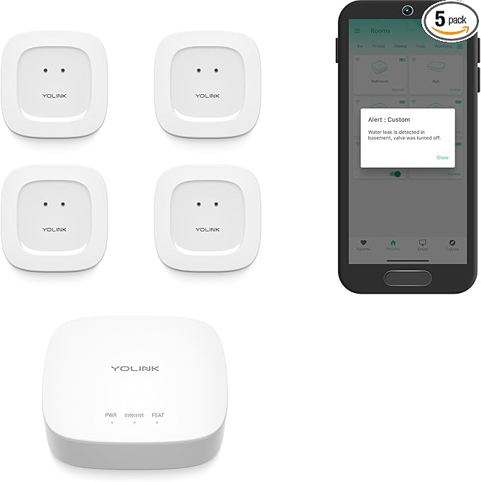 YoLink Smart Home Leak Detection Starter Kit – Hub + 4 Water Leak Sensors (0 dB), LoRa Long-Range, Alexa & IFTTT Compatible, Instant App/SMS/Email Alerts, Up to 5-Year Battery by YoLink