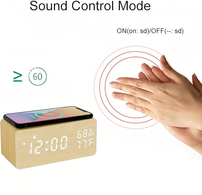 Lancoon Wooden Digital Alarm Clock with Sound Control LED Wireless Charging Temperature and Humidity Display Adjustable Brightness for Bedroom Home Office (Yellow) - Image 2
