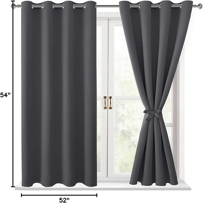 Hiasan Grommet Blackout Curtains for Bedroom, 52 x 54 Inches Long - Thermal Insulated & Light Blocking Window Curtains for Living Room, 2 Drape Panels Sewn with Tiebacks, Dark Grey - Image 7