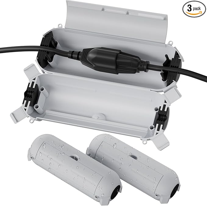 Flemoon [3 Pack] Outdoor Extension Cord Cover Waterproof, Weatherproof Electrical Connection Box for Straight Plug, Outlet, Socket, Halloween, Christmas Holiday Decoration String Light, Light Grey by FLEMOON