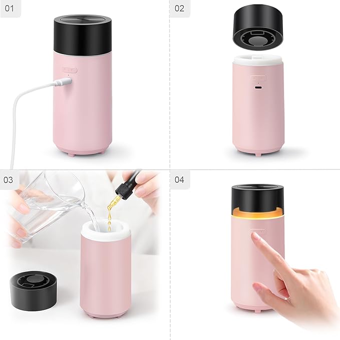 HODEMI Cordless Diffuser for Essential Oil,Portable Cool Mist Aromatherapy Car Diffuser,Built-in 3000mAH Rechargeable Battery,4/8 Timer Modes, Auto On/Off with Car,for Home,Office,Travel (Pink) - Image 8