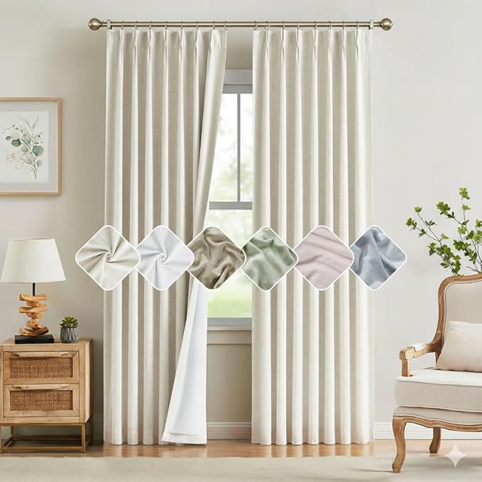 Kayne Studio Natural Pinch Pleated Full Blackout Curtains 90 Inch, Linen Blend Thermal Insulated Soundproof Room Darkening Back Tab Window Drapes with Hooks for Living Room Bedroom(2 Panels, 40"x90") by KayneStudio